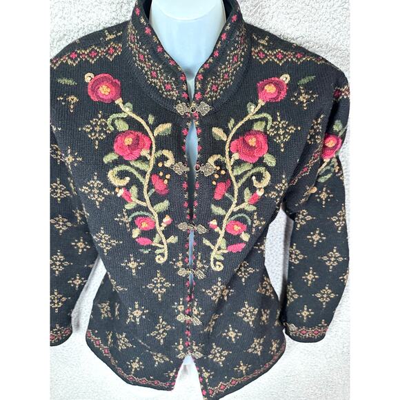 VTG Icelandic Design Wool Sweater Women’s Medium Lined Clasp Hooks Rose Grandma - Picture 3 of 16